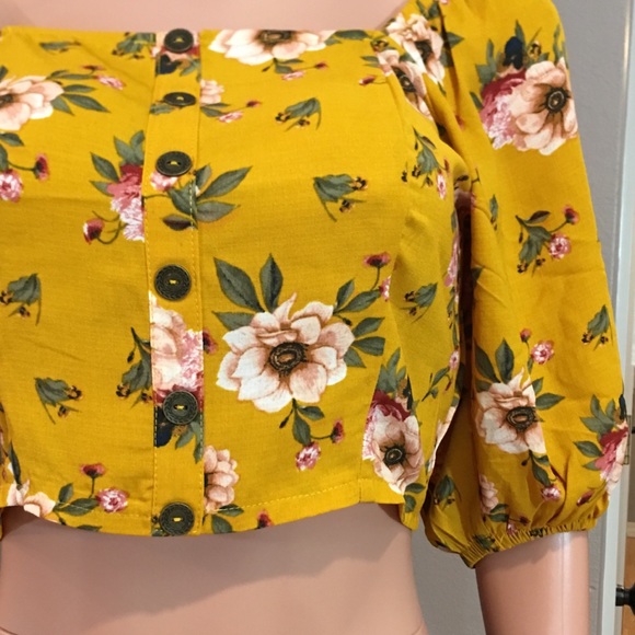 Mustard yellow floral flounce sleeve tie back crop - Picture 5 of 8